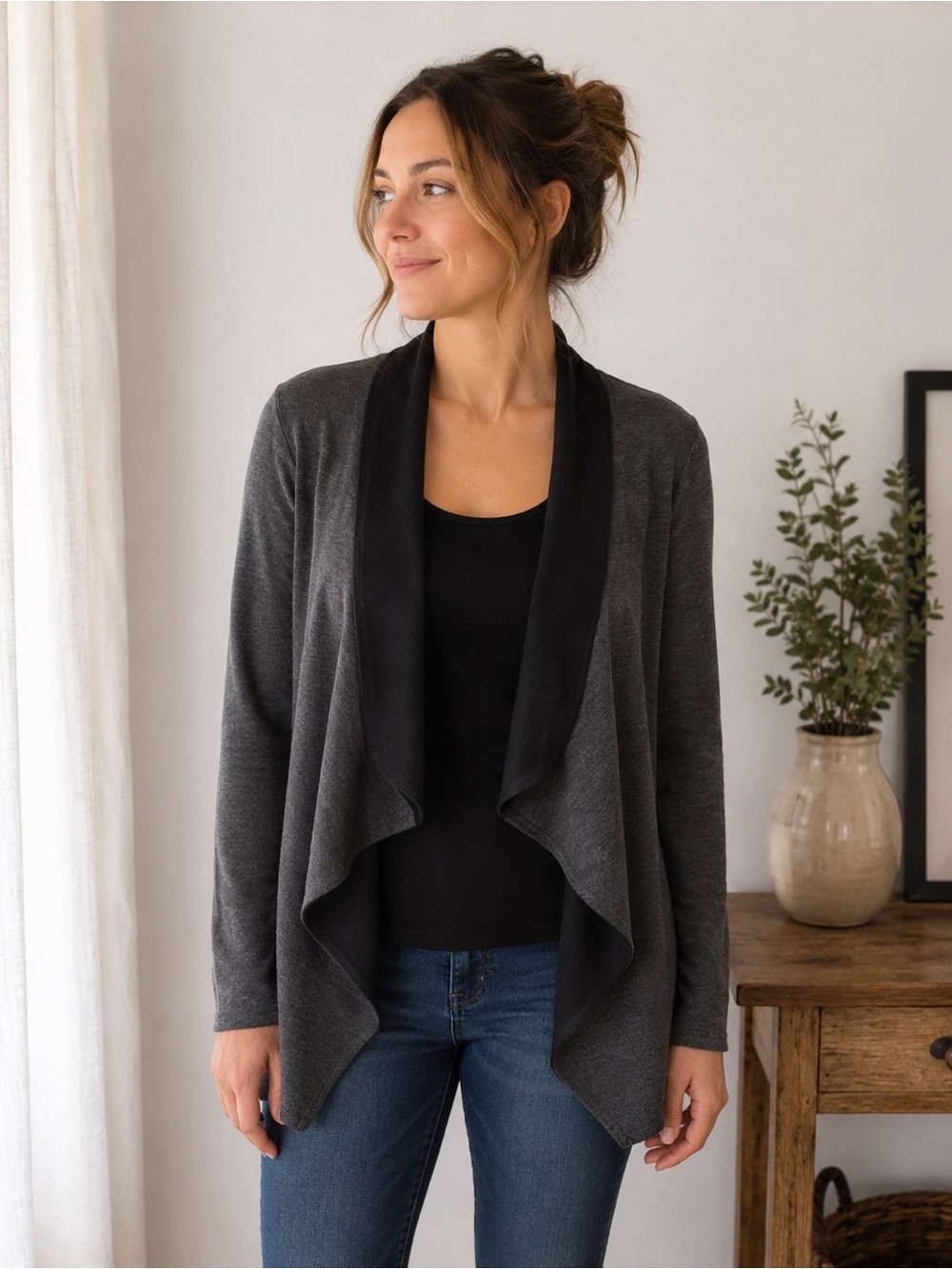 Reversible 100% Wool Cardigan Waterfall Gray Black M